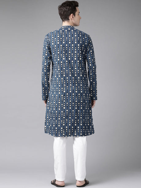 Buy Men's Blue Cotton Printed Straight Kurta Online - Back