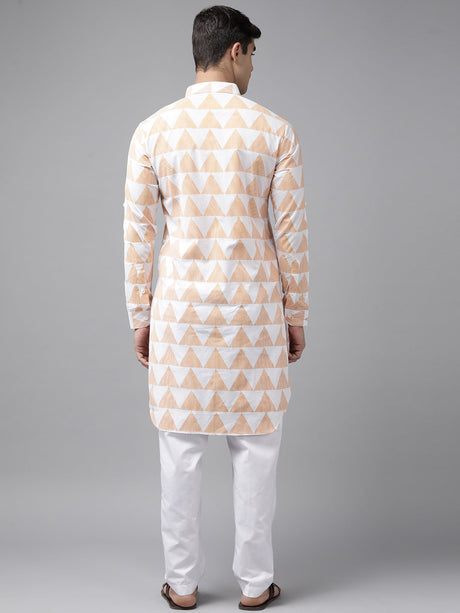 Buy Men's White Pure Cotton Chevron Printed Pathani Set Online - Side