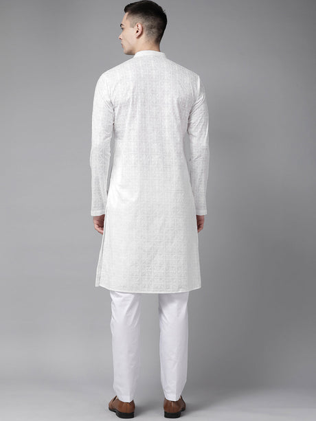Buy Men's White Pure Cotton Chikankari Embroidered Kurta Pajama Set Online - Side