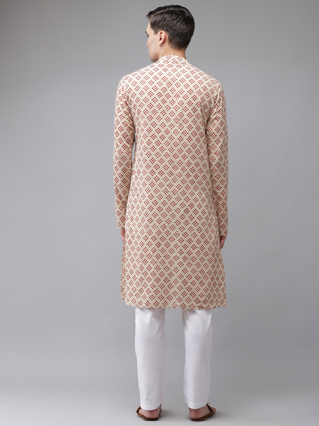 Buy Men's Beige Cotton Hand Block Print Straight Kurta Online - Back