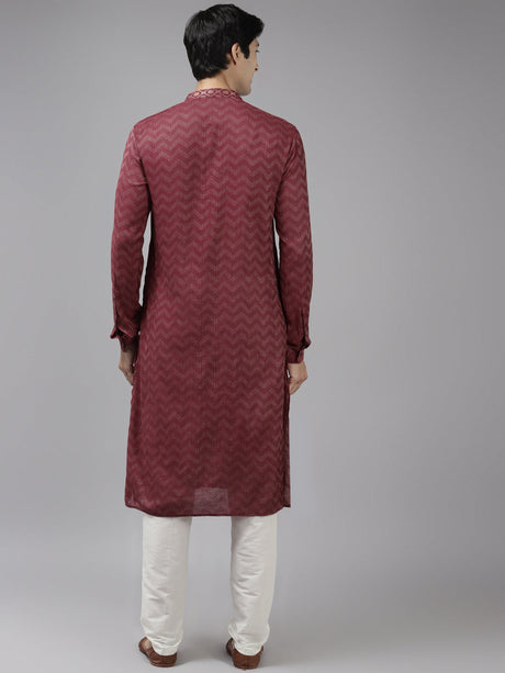 Buy Men's Burgundy Art Silk Woven Thread Work Kurta Pajama Set Online - Back