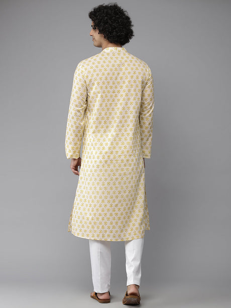 Buy Men's Yellow Pure Cotton Floral Printed Kurta Pajama Set Online - Side