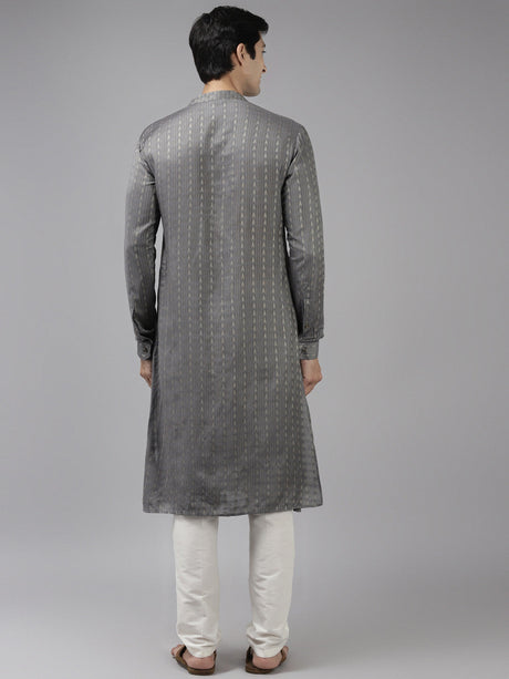 Buy Men's Grey Cotton Woven Thread Work Straight Kurta Online - Back