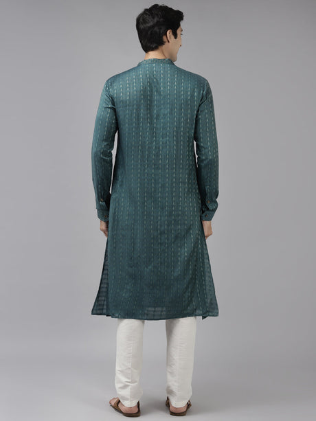 Buy Men's Teal Art Silk Woven Thread Work Kurta Pajama Set Online - Back