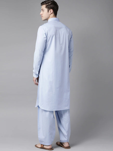 Buy Men's Sky Blue Cotton Solid Pathani Set Online - Front