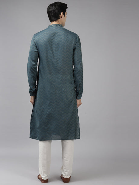 Buy Men's Teal Art Silk Woven Thread Work Kurta Pajama Set Online - Back