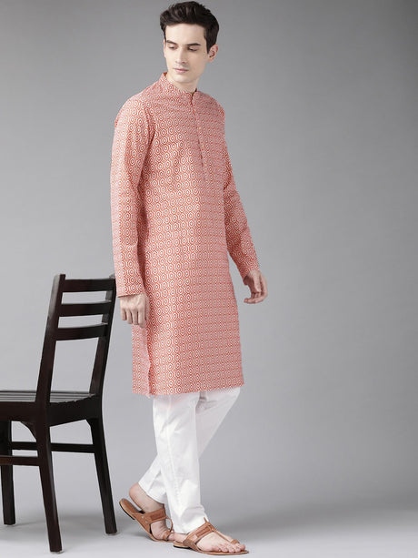 Buy Men's Peach Cotton Geometric Printed Straight Kurta Online