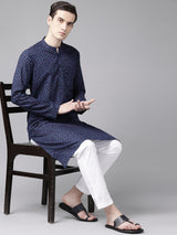 Buy Men's Blue Cotton Printed Straight Kurta Online