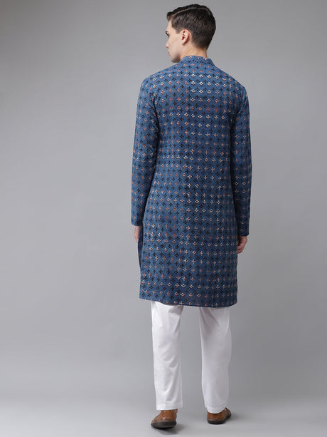 Buy Men's Blue Cotton Hand Block Printed Kurta Pajama Set Online - Back