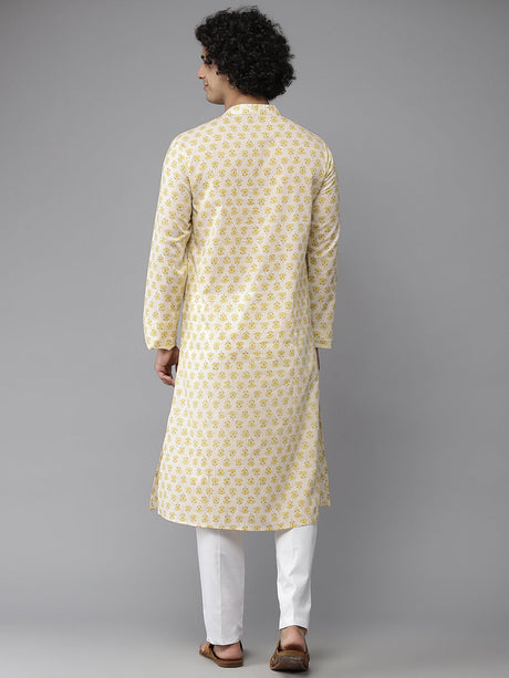 Buy Men's Yellow Cotton Floral Printed Straight Kurta Online - Front