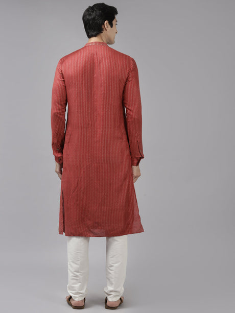 Buy Men's Maroon Art Silk Woven Thread Work Kurta Pajama Set Online - Back