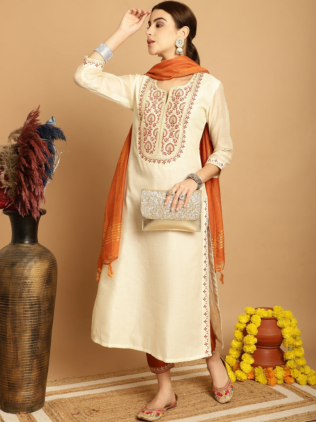 Cream  Chanderi Printed Kurti Set