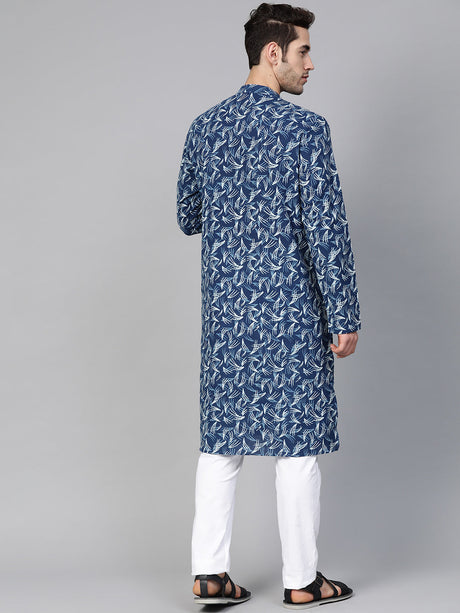 Buy Men's Blue Cotton Tie-And-Dye Block Prints Kurta Pajama Set Online - Front