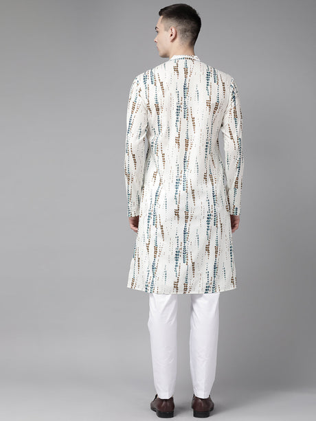 Buy Men's White Pure Cotton Printed Kurta Pajama Set Online - Side