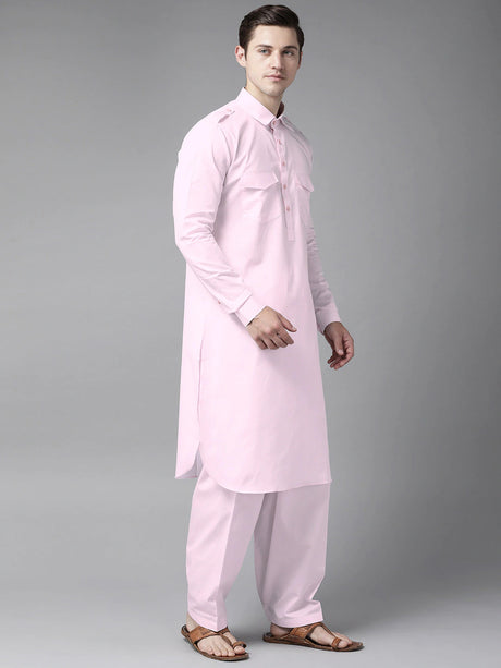 Buy Men's Pink Cotton Solid Pathani Set Online