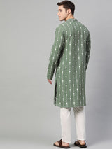 Buy Men's Green Cotton Printed Straight Kurta Online - Back
