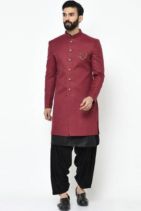 Buy Men's Art Silk  Solid Sherwani Set in Maroon  Online