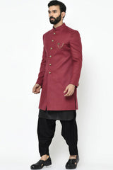 Buy Men's Art Silk  Solid Sherwani Set in Maroon  Online - Back