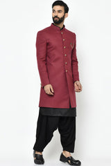 Buy Men's Art Silk  Solid Sherwani Set in Maroon  Online - Front