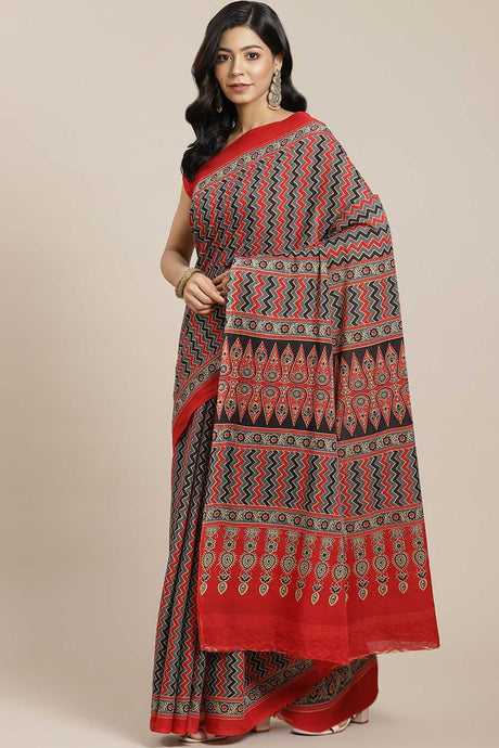 Buy Blended Cotton Block Printed Saree in Red Online