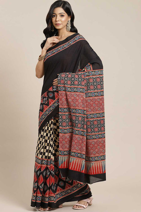 Buy Blended Cotton Block Printed Saree in Black Online