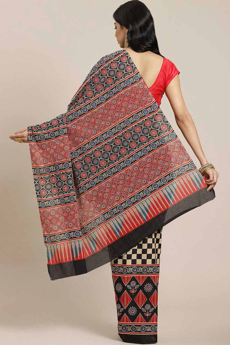 Buy Blended Cotton Block Printed Saree in Black Online - Back