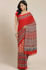 Buy Blended Cotton Block Printed Saree in Red Online