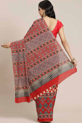 Buy Blended Cotton Block Printed Saree in Red Online - Back