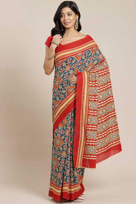 Buy Blended Cotton Ikkat Block Printed Saree in Red Online