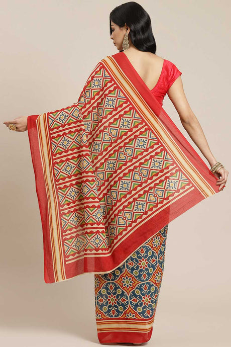 Buy Blended Cotton Ikkat Block Printed Saree in Red Online - Back