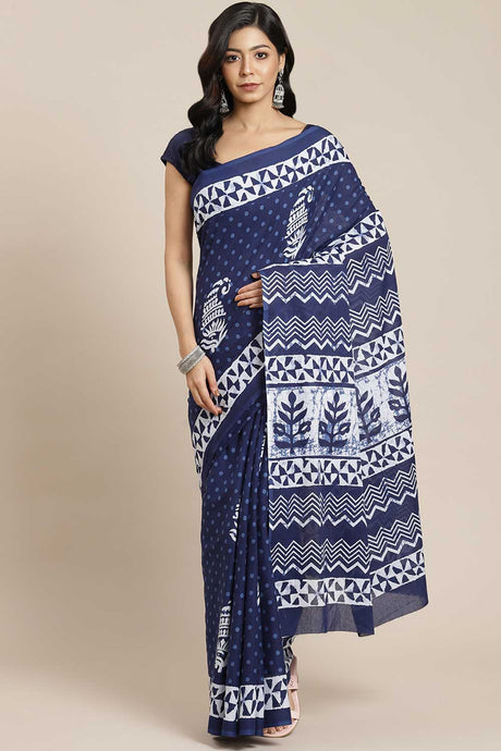 Buy Blended Cotton Batik Block Printed Saree in Blue Online