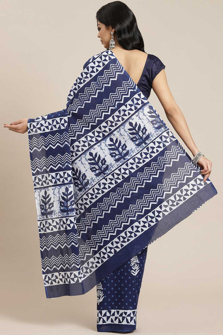 Buy Blended Cotton Batik Block Printed Saree in Blue Online - Back