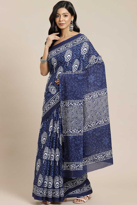 Buy Blended Cotton Batik Block Printed Saree in Blue Online