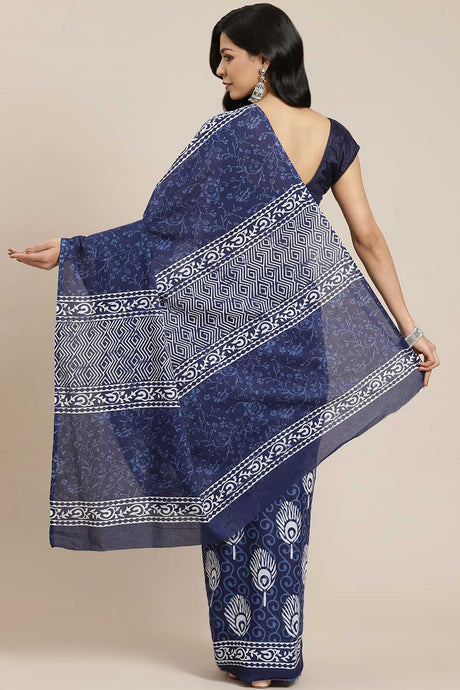 Buy Blended Cotton Batik Block Printed Saree in Blue Online - Back