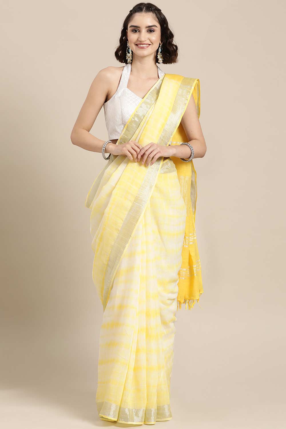 Buy Linen Tie Dye Saree in Yellow Online