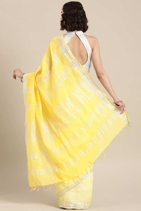 Buy Linen Tie Dye Saree in Yellow Online - Back