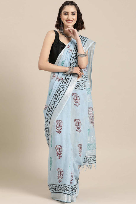 Buy Linen Block Printed Saree in Sky Blue Online
