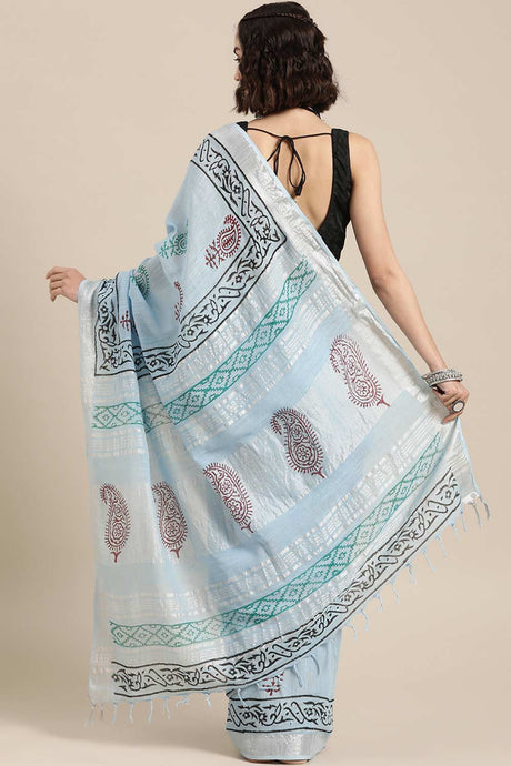 Buy Linen Block Printed Saree in Sky Blue Online - Back