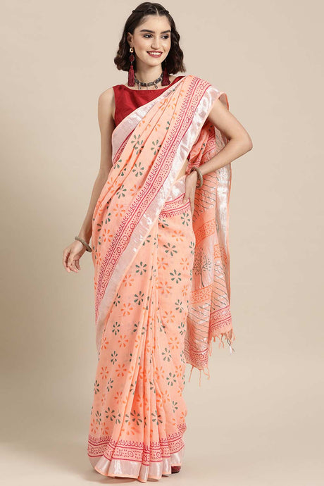 Buy Linen Block Printed Saree in Peach Online