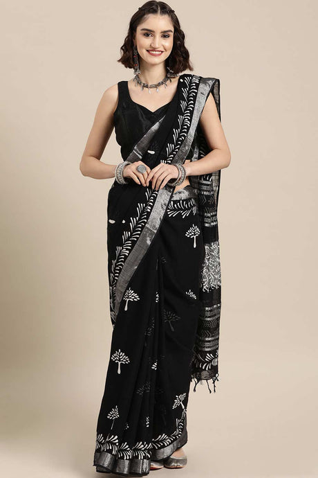 Buy Linen Block Printed Saree in Black Online