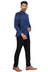 Buy Men's Velvet Embroidery Jodhpuri Set in Navy Blue Online - Zoom In