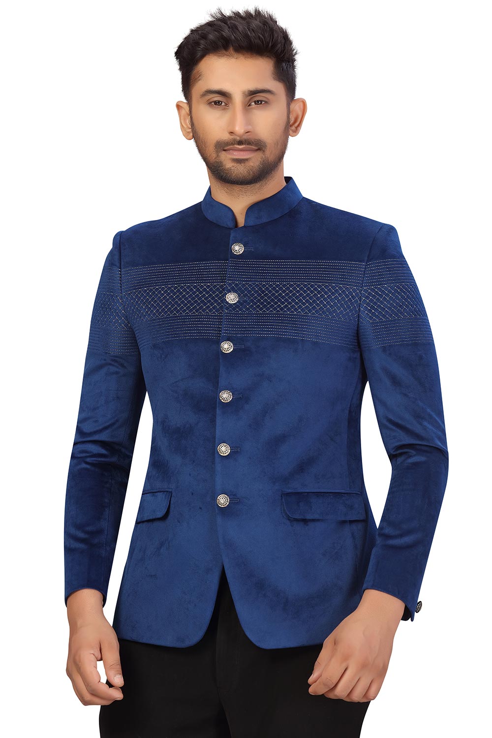 Buy Men's Velvet Embroidery Jodhpuri Set in Navy Blue Online - Zoom Out