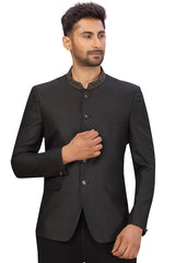 Buy Men's Suiting Fabric Solid Jodhpuri Set in Black Online - Zoom Out