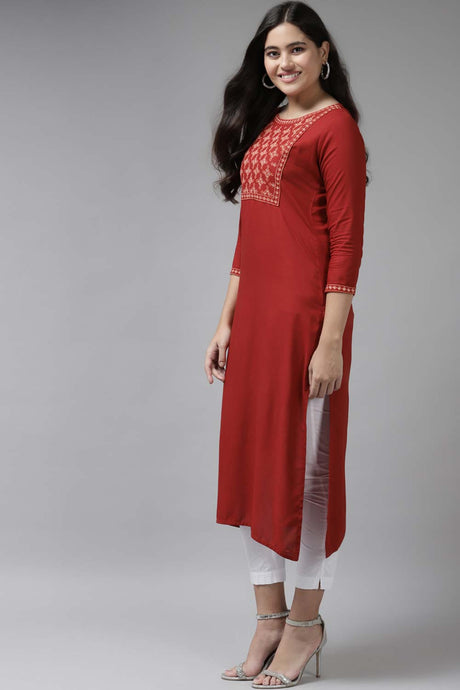 Red Viscose Rayon Aari Embroidered Kurta