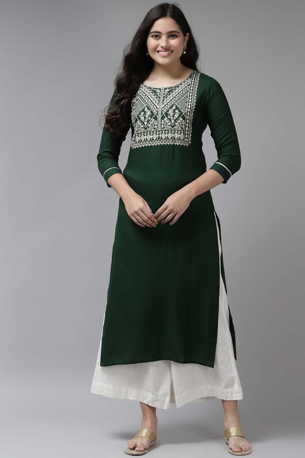 Green Viscose Rayon Embroidered Kurta