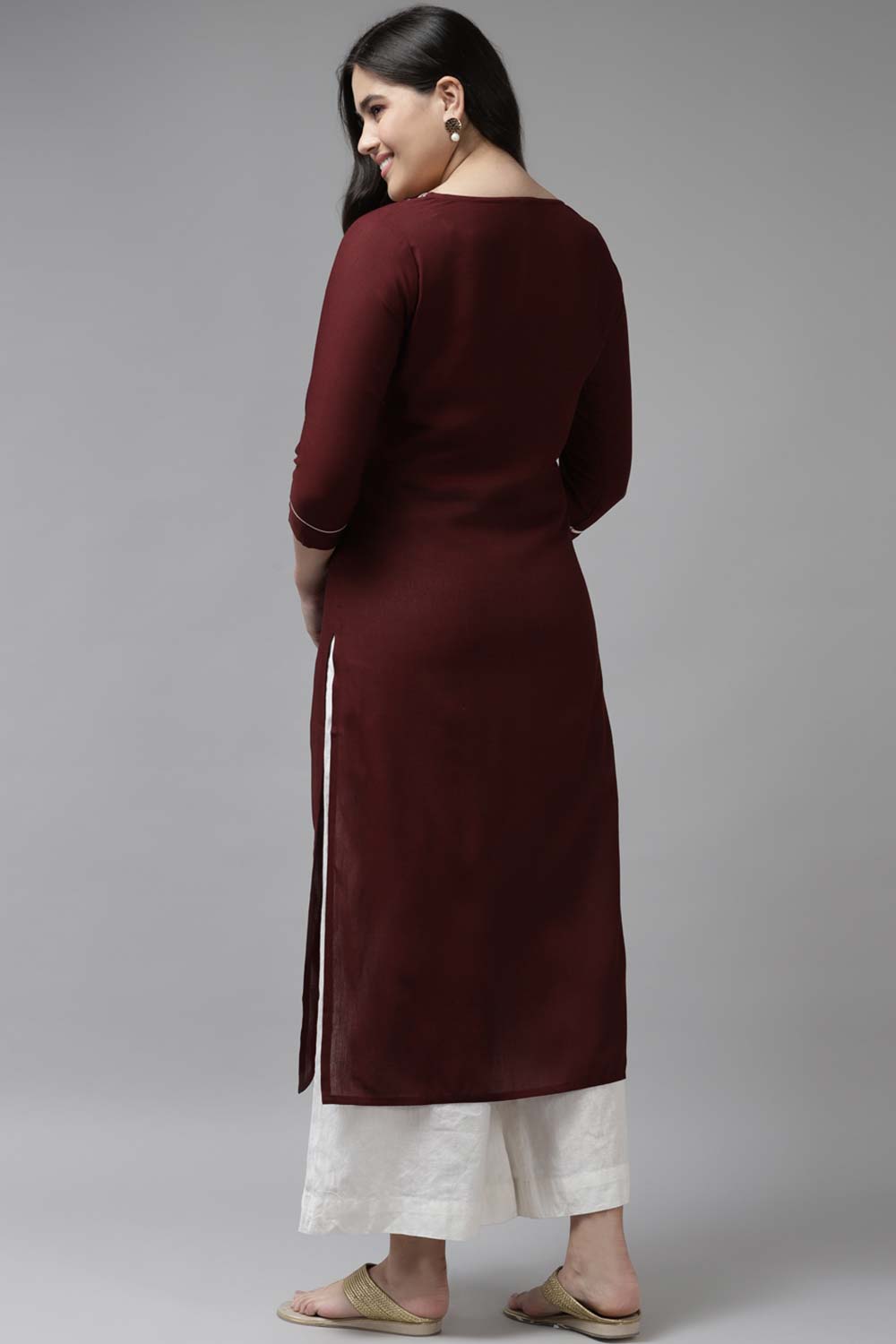 Maroon Viscose Rayon Embroidered Kurta