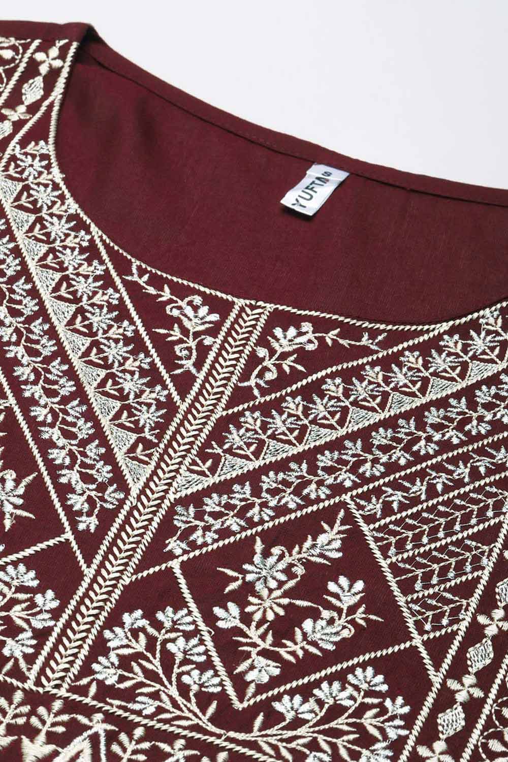 Maroon Viscose Rayon Embroidered Kurta