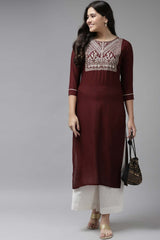 Maroon Viscose Rayon Embroidered Kurta