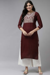 Maroon Viscose Rayon Embroidered Kurta