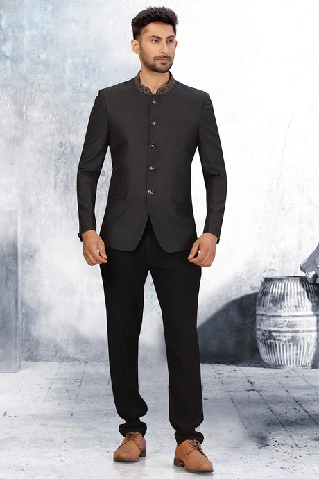 Buy Men's Suiting Fabric Solid Jodhpuri Set in Black Online